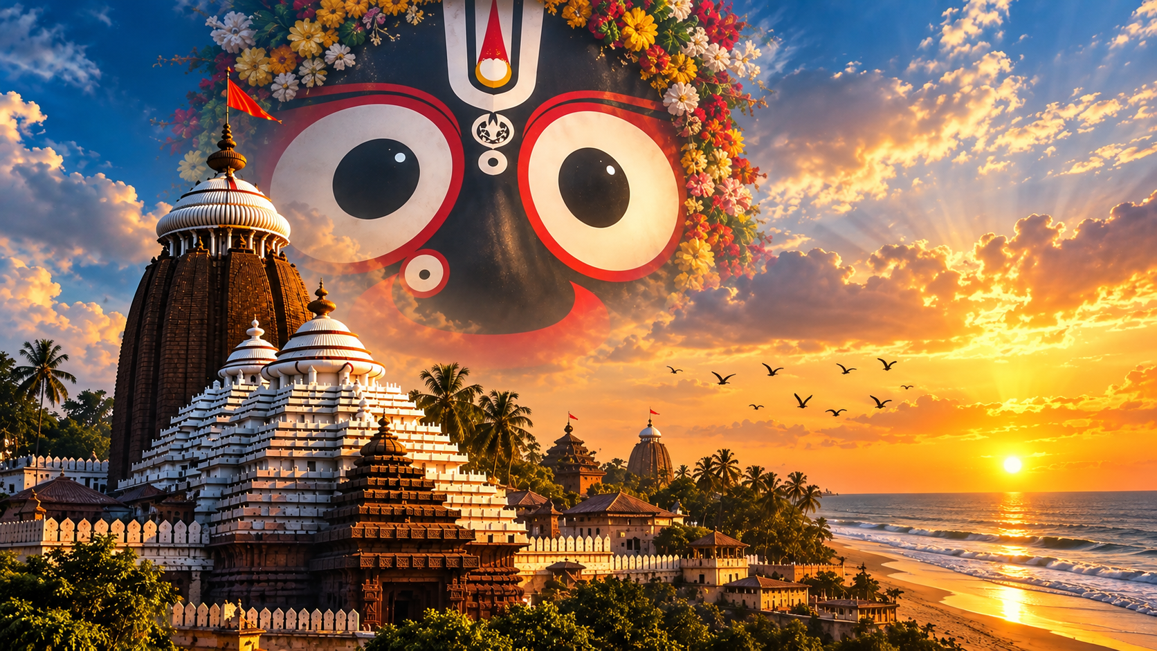 Shree Jagannath Temple and Puri coast at sunset, Odisha
