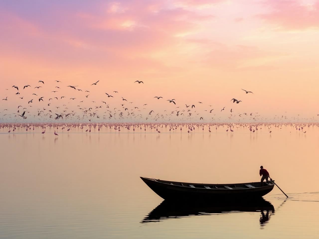 Sunrise over Chilika Lake with migratory birds