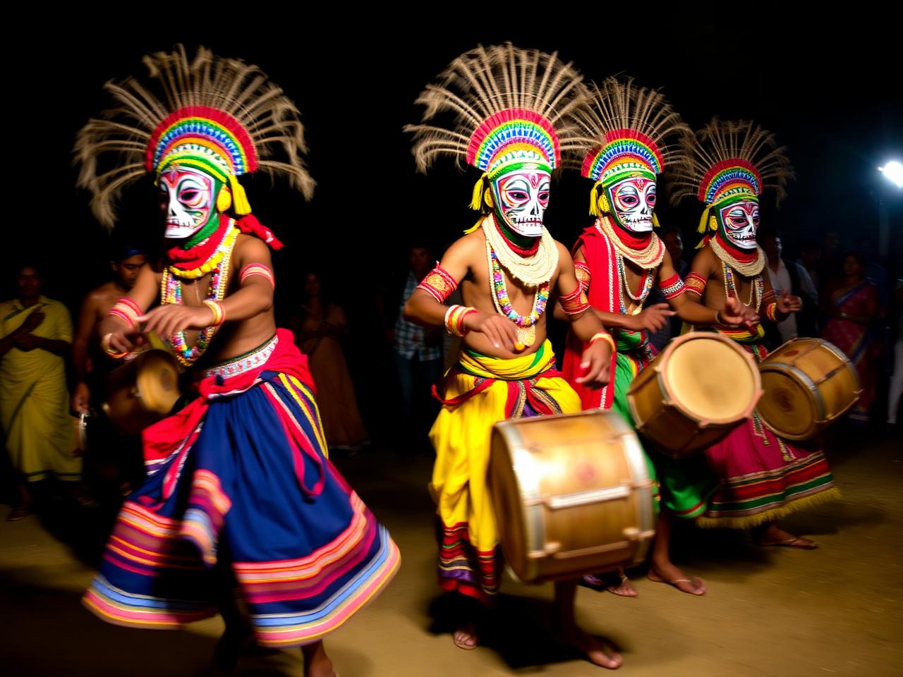 Masked Chhau dancers and drums