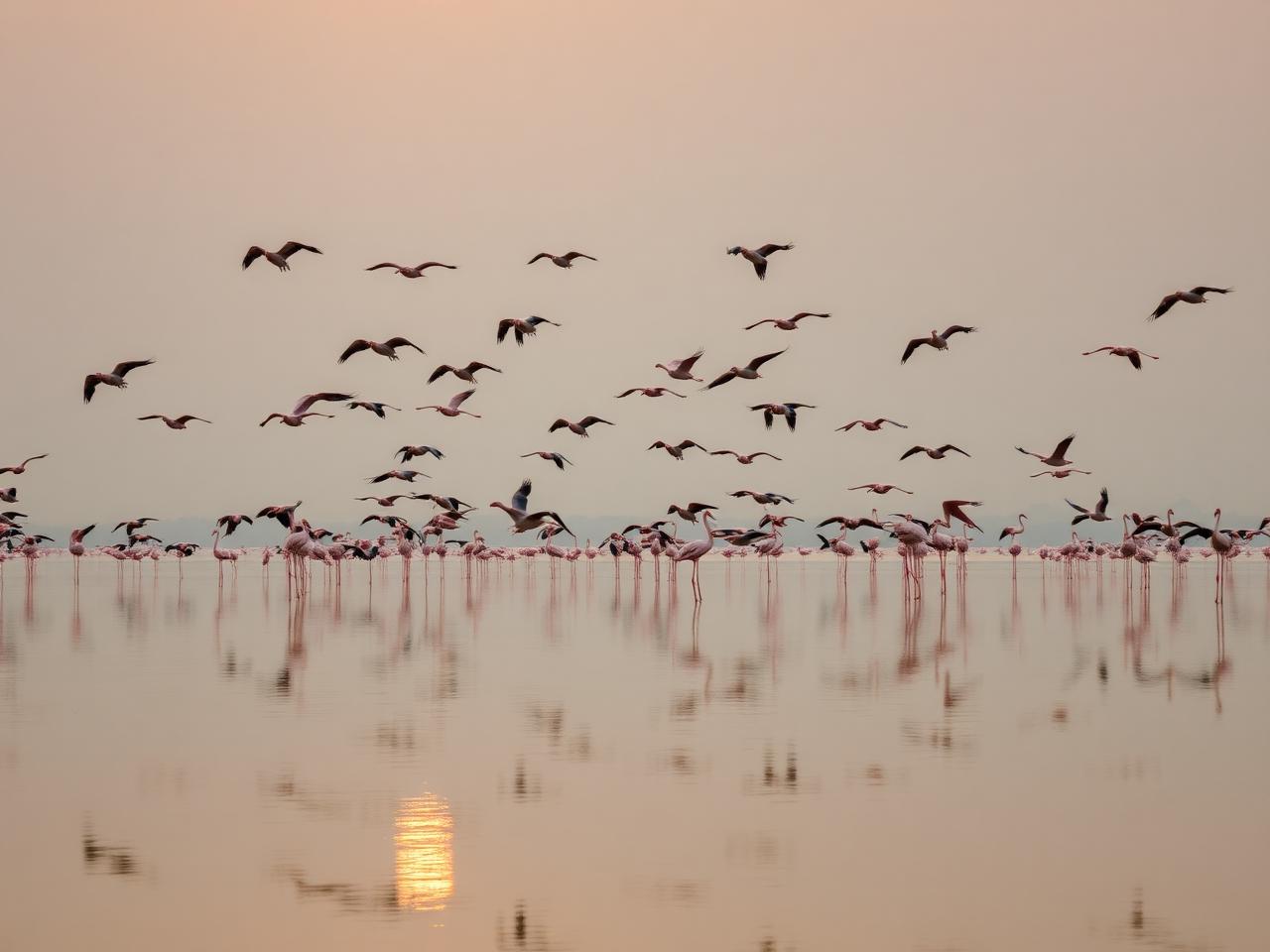 Flamingos lifting off Chilika at dawn