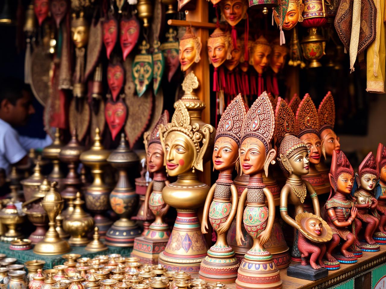Masks, brass and terracotta at a craft stall