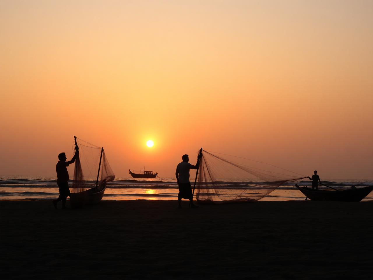 Fishermen and their nets at first light