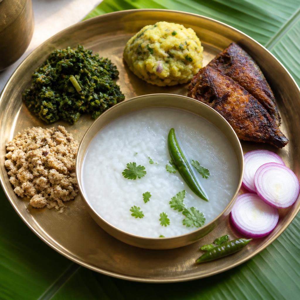 Pakhala platter with badi chura, saga and fried fish