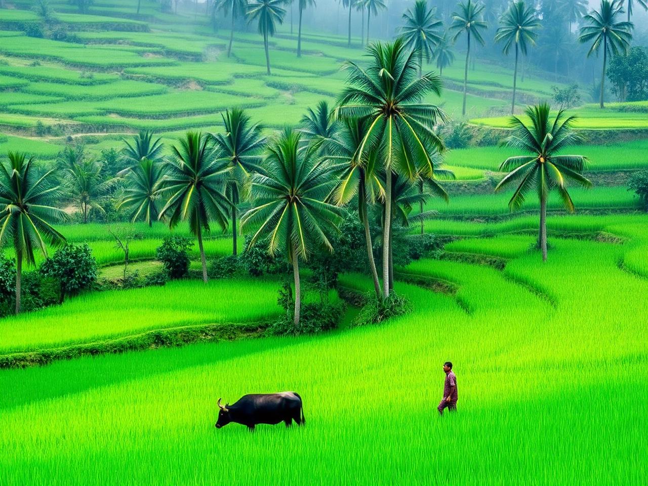 Monsoon paddy terraces and palms